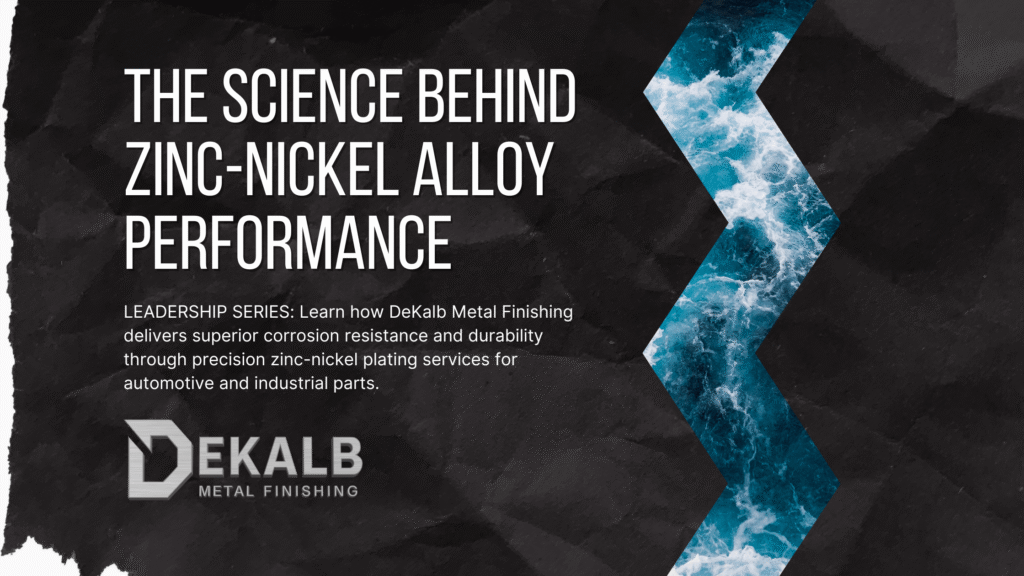 image of turbulent water in a zigzag pattern indicating electroplating and the words The Science Behind Zinc-Nickel Alloy Performance DeKalb Metal Leadership Series